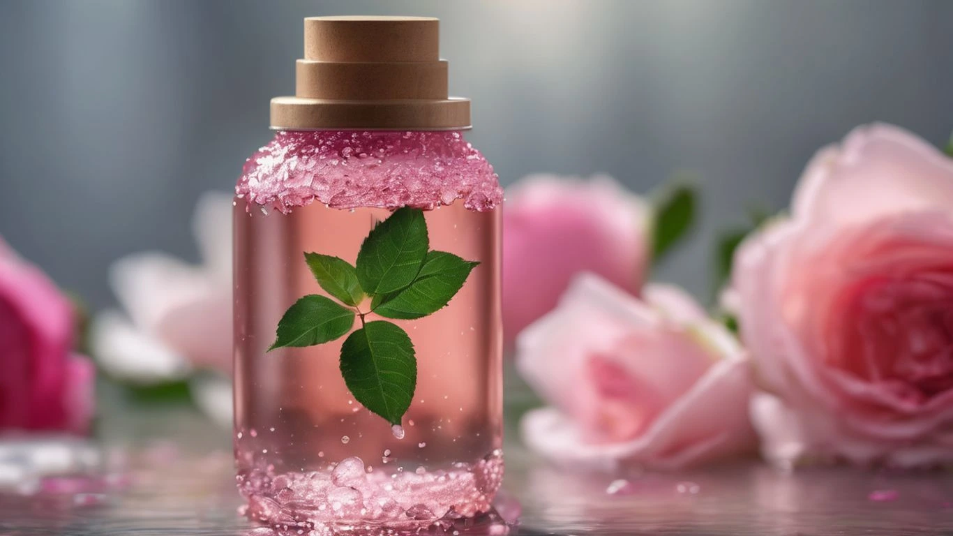 Crystal-clear homemade rosewater in a glass bottle